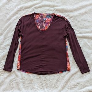 White House Black Market Burgundy Knit & Multicolor Satin Long Sleeve Top Sz XS